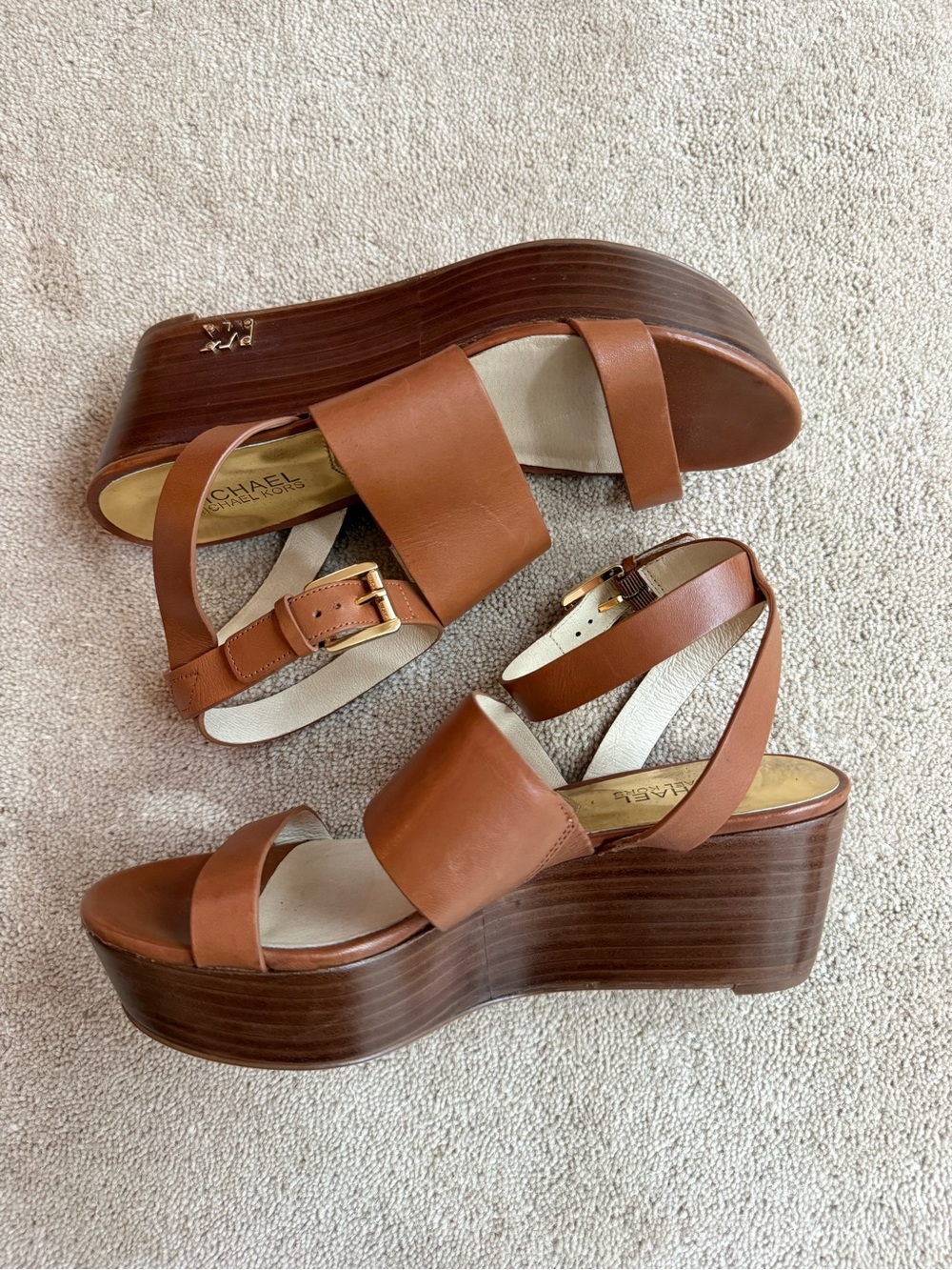 MICHAEL Michael Kors Tan Brown Leather Two-Strap Ankle Sandals